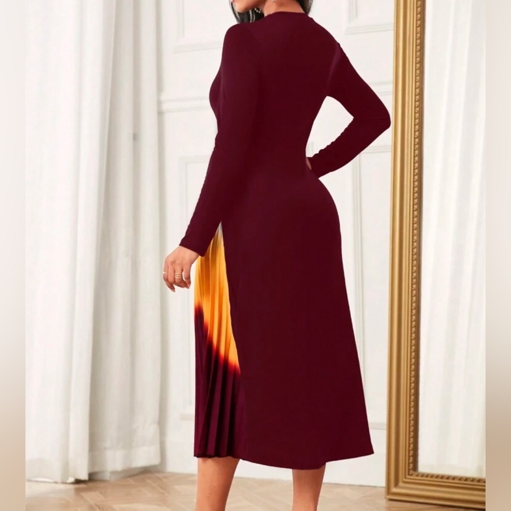 Women's Stand Collar Colorblock Pleated Hem Dress - Picture 2 of 2